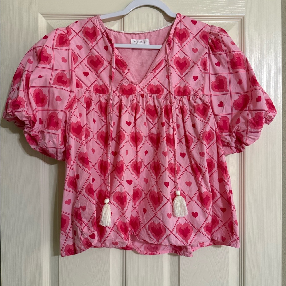 THML Pink V-Neck Tassel Blouse